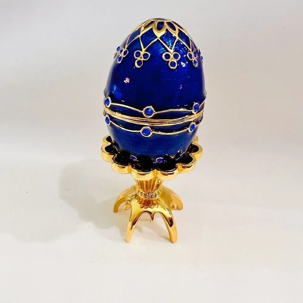 Enamel Keepsake Trinket Box Egg Cobalt Blue & Gold Tone Stand Metal Rhinestones